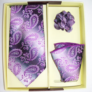 Pink Paisley Necktie Handkerchief Boutonniere Set